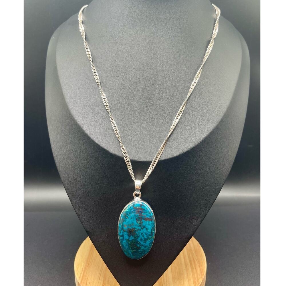 Teal Blue Azurite Gemstone Pendant 20" Twisted Sterling Silver Herringbone Chain